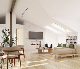 Bright, minimalist loft living room