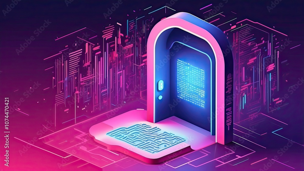 Aufkleber a new isometric landing page with opportunities. a binary digital code emerges from an open door aga