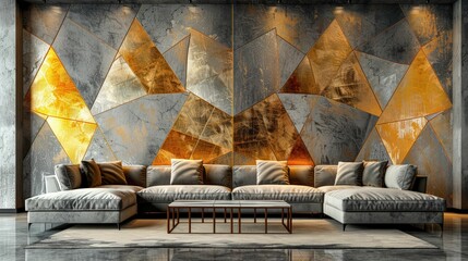 Modern Luxury Living Room with Stylish Sofa and Elegant Golden Wall Design Featuring Geometric Patterns and Contemporary Décor Elements