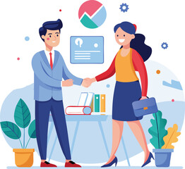 People shaking hands at work - Two businesspeople, man and woman doing handshake in office at work while smiling over business agreement and deal. Flat design stock illustration on white background