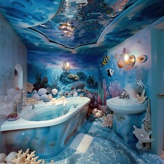 Underwater Themed Bathroom with Ocean Mural and Seashell Decorations
