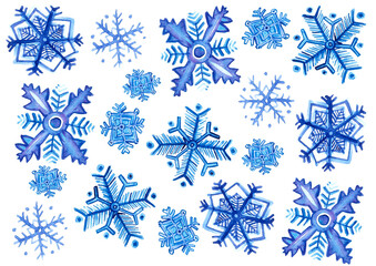 A set of different snowflakes. Different sizes and ornaments. Watercolor. Different shades of blue. White background. Pattern.