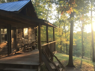 Realistic photo of a wooden house in the forest