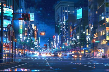 Fototapeta premium Nighttime Cityscape with Neon Lights and Cars. Anime Illustration Style.