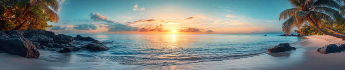 Fototapeta premium stunning panoramic view of tropical beach at sunrise, featuring calm waters, gentle waves, and lush palm trees. vibrant colors of sky reflect on serene ocean, creating peaceful atmosphere