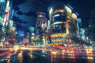 Shibuya Crossing at Night, Tokyo, Japan. Anime Illustration Style.