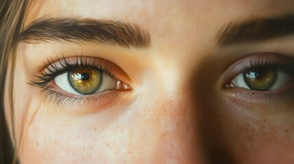 Fototapeta premium Close-up of a woman's eye with hazel iris and long eyelashes.
