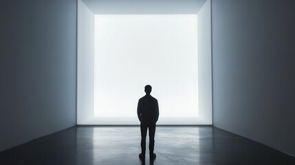 Obraz premium A Silhouette of a Person Standing in a Room with a Bright White Wall