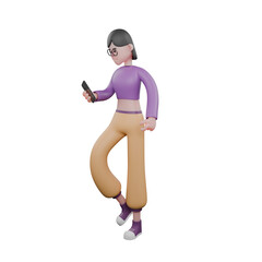 Dance Artist Cartoon in 3D.  A female dancer stands facing right with her right leg slightly bent while looking down at the cellphone in her right hand. Performer Model