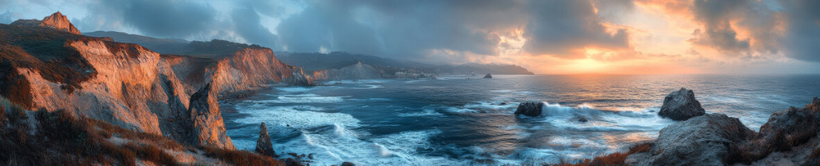 Obraz premium breathtaking coastal landscape featuring dramatic cliffs, crashing waves, and vibrant sunset illuminating sky. serene beauty evokes sense of tranquility and awe