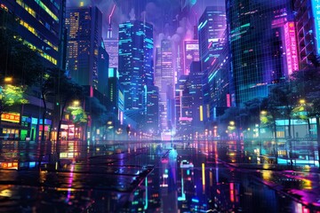 Obraz premium Neon Cityscape in the Rain. Anime Illustration Style.