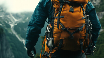 Close up of hiker backpack with climbing gear, showcasing adventure