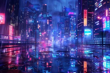 Obraz premium Rainy Night in a Neon City. Anime Illustration Style.