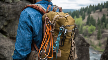 hiker backpack with colorful straps and climbing gear, set against nature