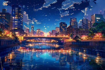 Obraz premium Nighttime View of a Cityscape with a Bridge and River. Anime Illustration Style.