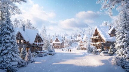 Naklejka premium Snow-covered ski resort with cozy chalets, festive atmosphere, ideal winter getaway, scenic and welcoming