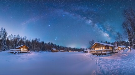 Fototapeta premium Beautiful winter landscape with cozy wooden houses and a starry sky. 