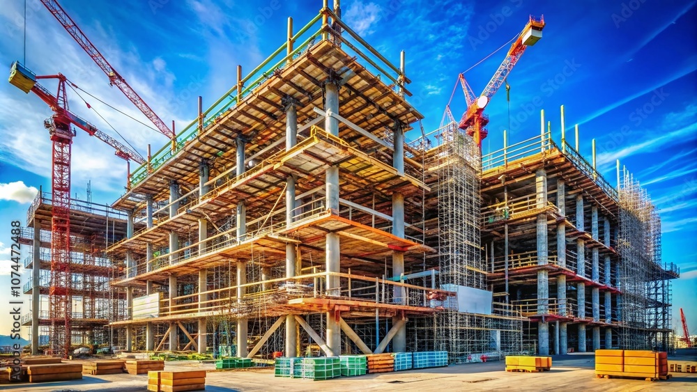 Poster construction site of a large building with scaffolding: majestic urban development in progress, show