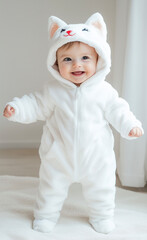 Baby wearing a white cat costume generated by AI