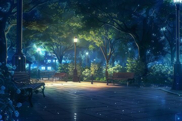 Nighttime Stroll in a Tranquil Park. Anime Illustration Style.