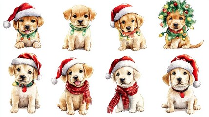 Stickers of Christmas light string dogs in various pose with Santa hat and scarves