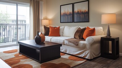 A living room with a white couch and orange pillows