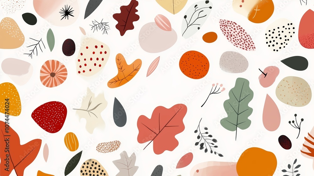 Poster colorful abstract autumn leaves and shapes arranged seamlessly on a light background, creating a vib