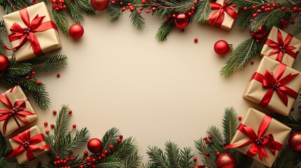 Top view beige Christmas background, Christmas decorations with gift box, red ball flat lay background