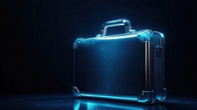 A glowing metal briefcase on a dark background with copy space and a blue light. A shiny metallic case for a business presentation. Template concept with empty space for text or logo