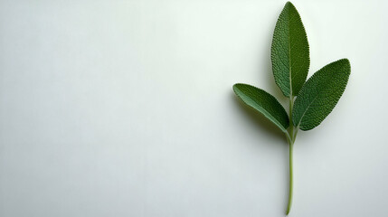 A sprig of fresh sage leaves displayed against a clean, neutral background. The textured green leaves and delicate stem highlight the herb’s natural beauty, perfect for culinary or botanical themes.