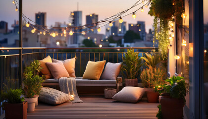 Fototapeta premium Cozy Urban Balcony with Plants and String Lights