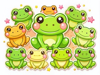 Obraz premium Cute Kawaii Frogs Summer Characters Bundle - Adorable Baby Animals for Kids' Stickers and Prints, Ideal for Childish Illustrations on a White Background
