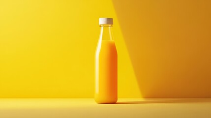 Glass Bottle of Orange Juice on Yellow Background