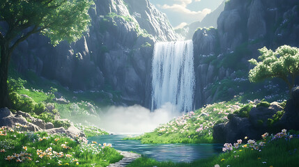Fototapeta premium A tranquil scene of a remote waterfall with a footpath leading to it, inviting adventurers to discover its beauty 