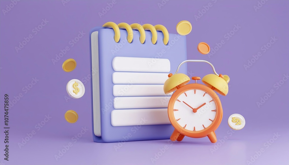 Poster a vibrant purple backdrop features a cute notepad with blank lines and a classic orange alarm clock,