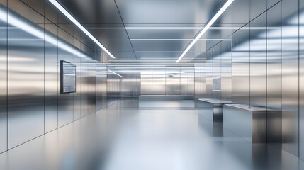 16. A high-end tech showroom with sleek metallic displays, empty sections ready to showcase products