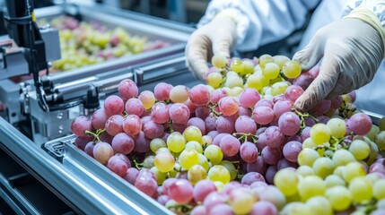A worker sorts fresh grapes in a processing facility, highlighting the vibrant colors and agricultural labor involved in fruit packaging.