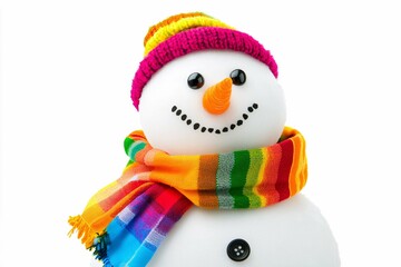 A joyful snowman with a carrot nose, button eyes, and a vibrant scarf stands alone against a white backdrop, radiating a sense of whimsy.