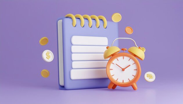 A vibrant purple backdrop features a cute notepad with blank lines and a classic orange alarm clock, symbolizing productivity and time management.