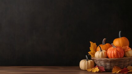 A beautifully arranged basket of pumpkins and autumn leaves on a wooden surface against a black backdrop for fall decor