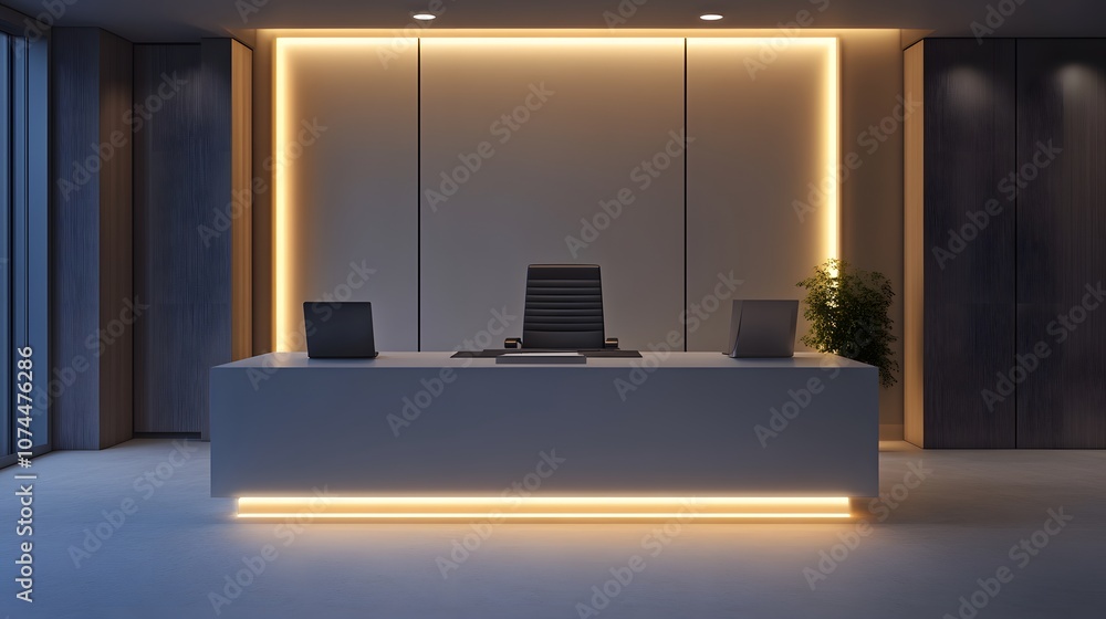 Poster 18. a minimalist office desk with soft lighting and an empty space for a product to be displayed