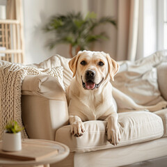 Labrador on the couch in a modern apartment