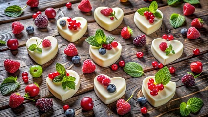 Deliciously Unique Corazón de Corazones Blanco Alfa: A Culinary Delight Showcasing Heart-Shaped White Chocolate Treats on a Rustic Wooden Table with Fresh Berries and Mint Garnish