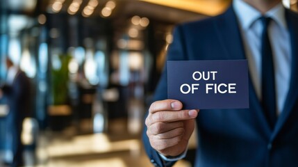 Businessman Holding 'Out of Office' Sign in Front of Blurred Background