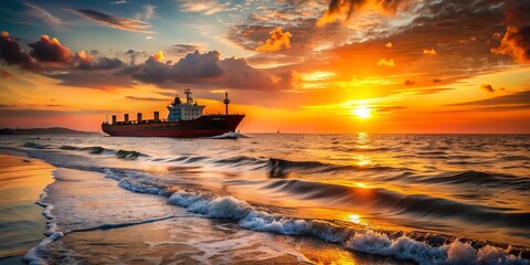 Cargo Ship Navigating Calm Ocean at Sunset, Capturing Serene Waters and Vibrant Skies for a Peaceful Maritime Scene in Fashion Photography Style