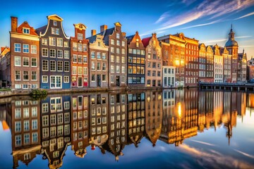 Charming Amsterdam Canal Houses on a Sunny Day: Long Exposure of Dutch Architecture Reflecting on the Water, Ideal for Travel Inspiration, March 24, 2024, Netherlands