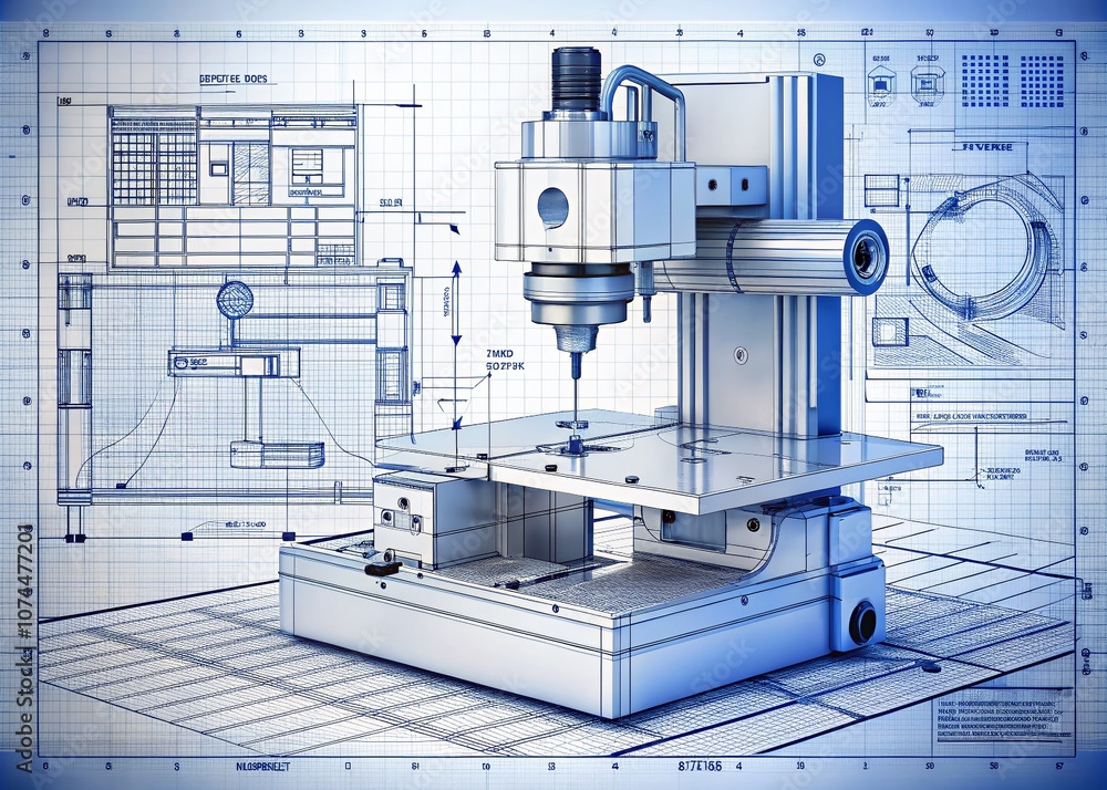 Poster detailed blueprint of a cnc machine tool on a clean white background for technical illustration and 