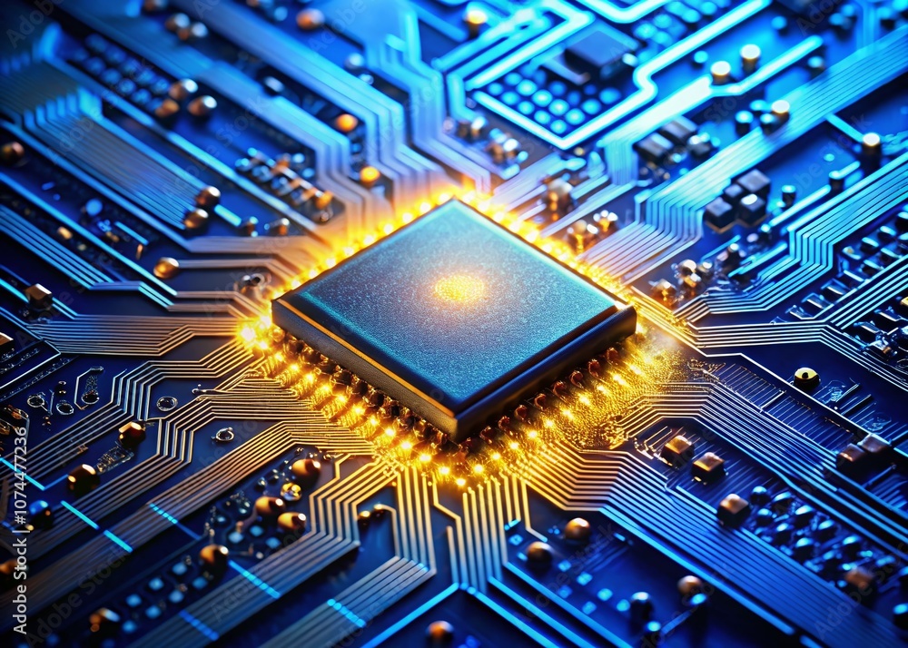 Poster detailed closeup of a microchip on a blue circuit board with illuminated golden pathways emphasizing
