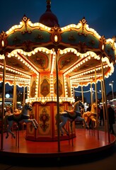 Bright Christmas carousel in lights at night, Christmas market, amusement park