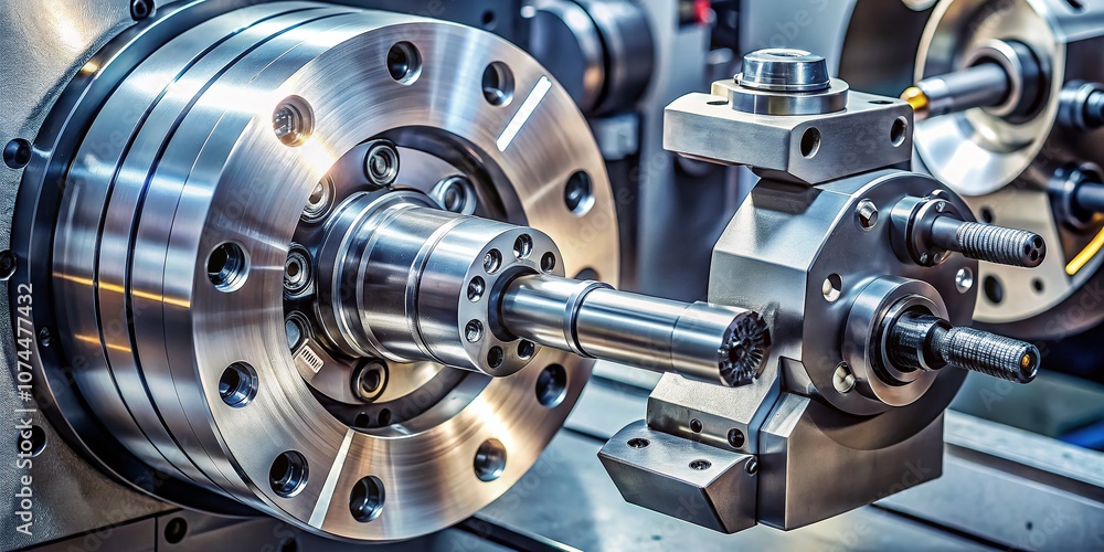 Poster detailed portrait of three jaw chuck and four jaw chuck on a modern cnc lathe, showcasing precision 